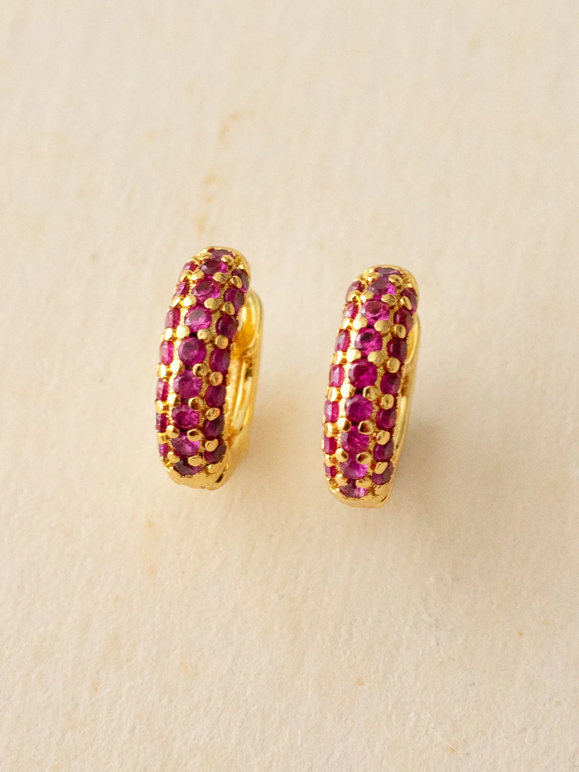 Chunky Gemstone-Encrusted Huggies, S925 - Magenta Pink, Gold - Image 4