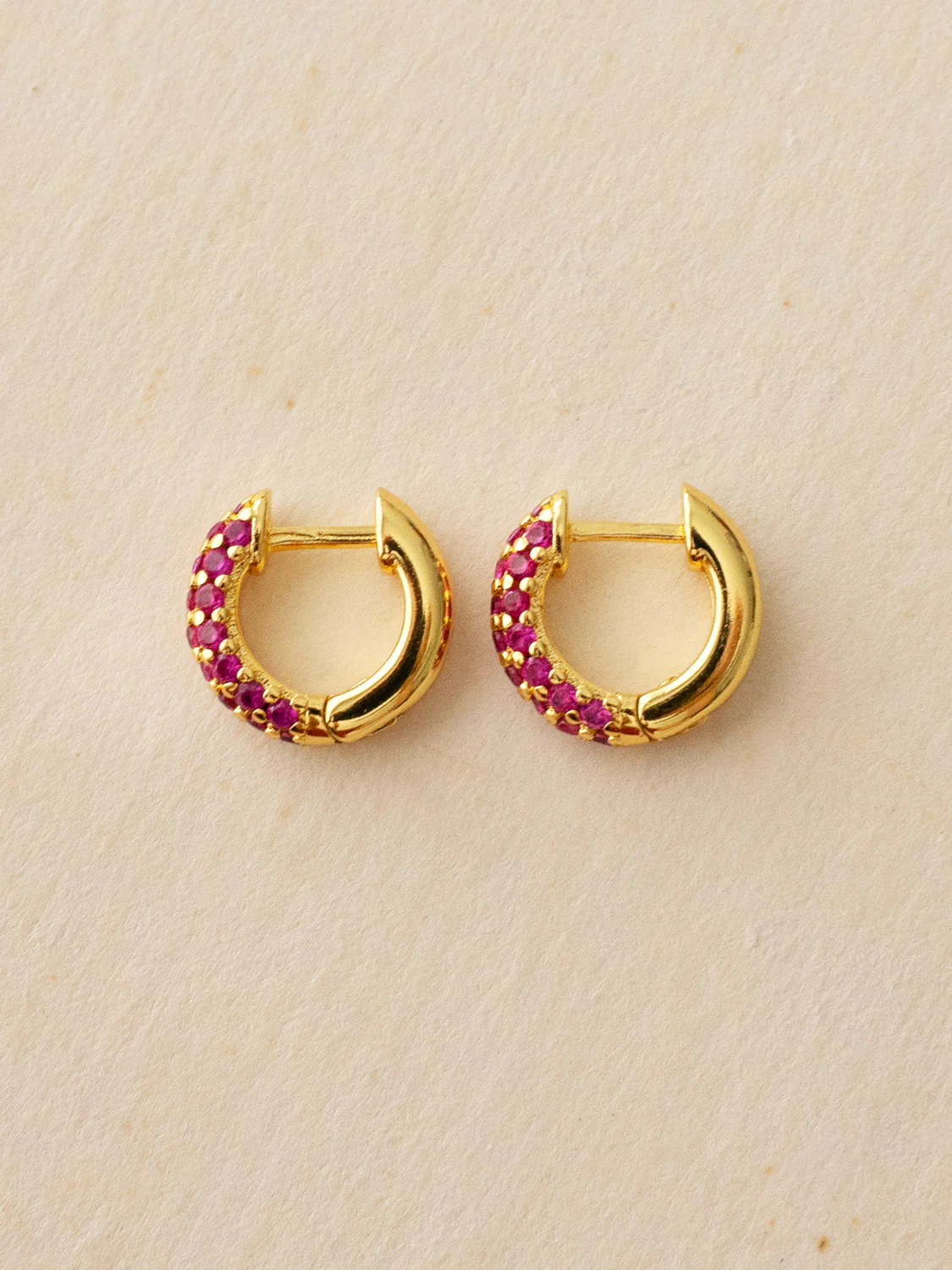 Chunky Gemstone-Encrusted Huggies, S925 - Magenta Pink, Gold - Image 5