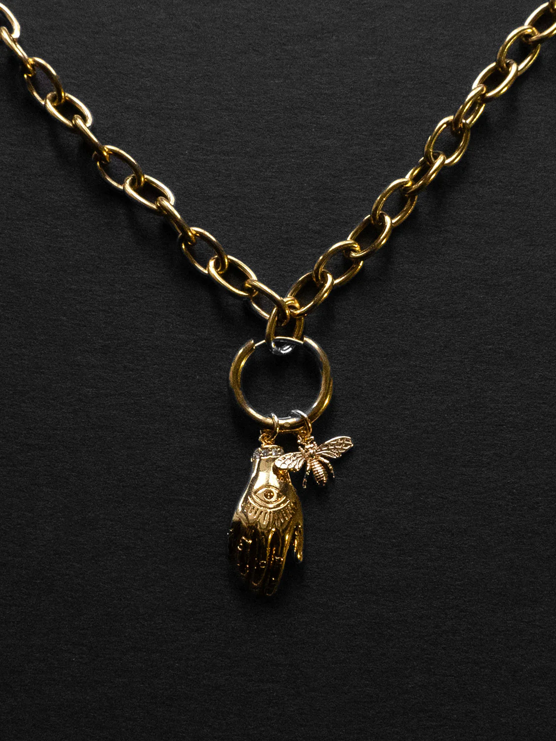 Chunky Gold Chain Necklace  - Evil Eye Hand, Bee - Image 2