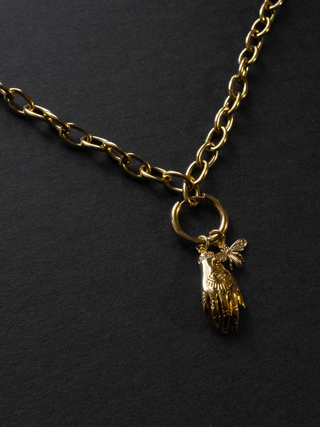 Chunky Gold Chain Necklace  - Evil Eye Hand, Bee - Image 3