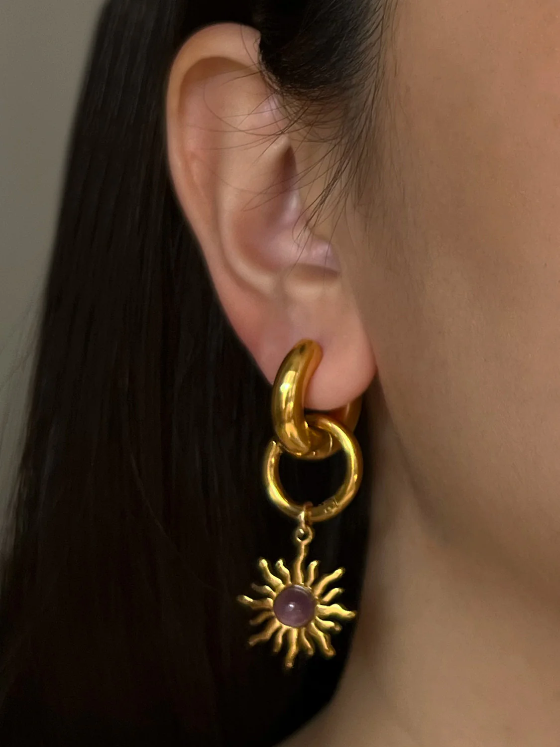 Chunky Gold Hoops - Amethyst Sun Pendant - Image 2