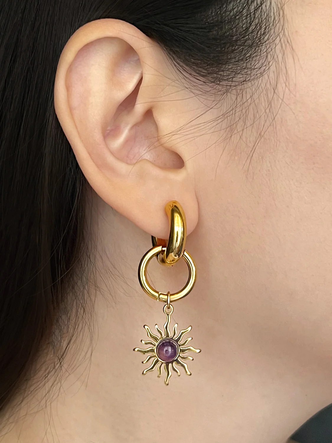 Chunky Gold Hoops - Amethyst Sun Pendant - Image 4
