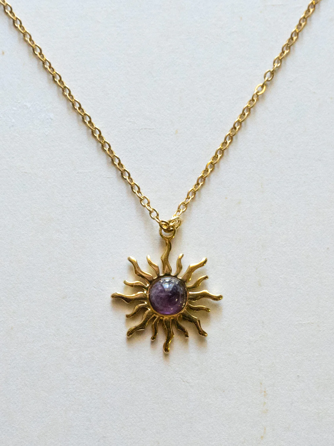 Chunky Gold Hoops - Amethyst Sun Pendant - Image 5