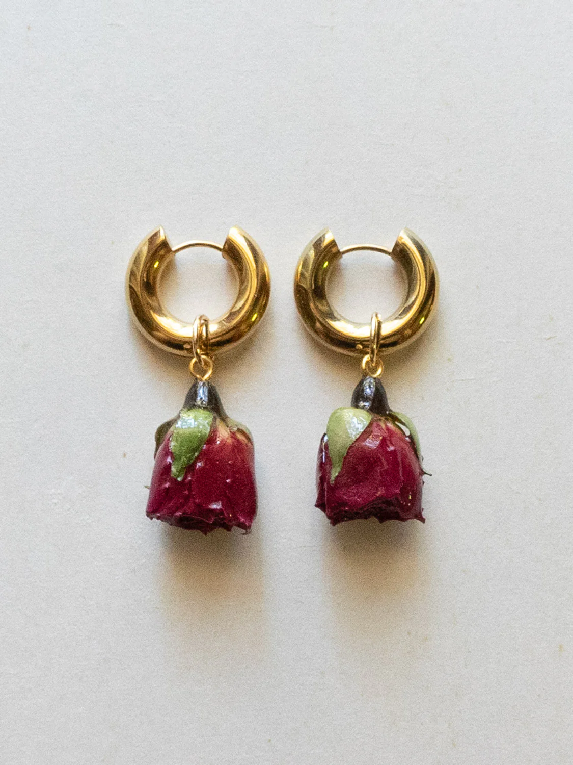 Chunky Gold Hoops - Dried Blood Red Rose Bud - Image 2