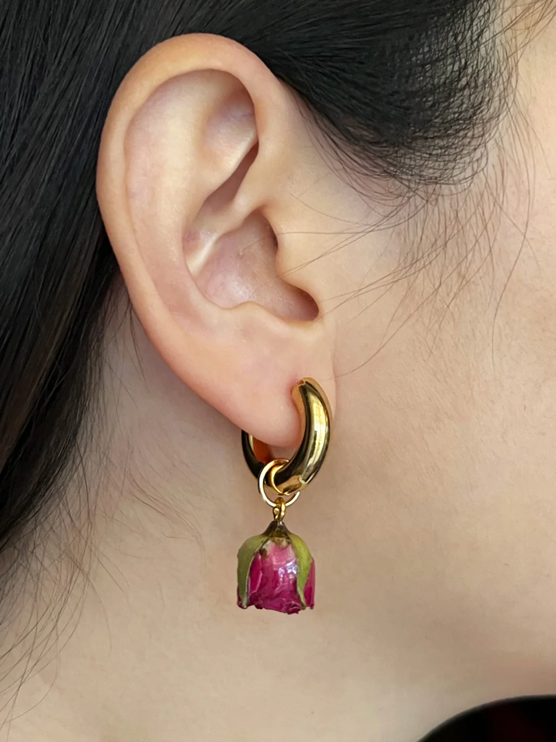 Chunky Gold Hoops - Dried Magenta Pink Rose Bud - Image 2