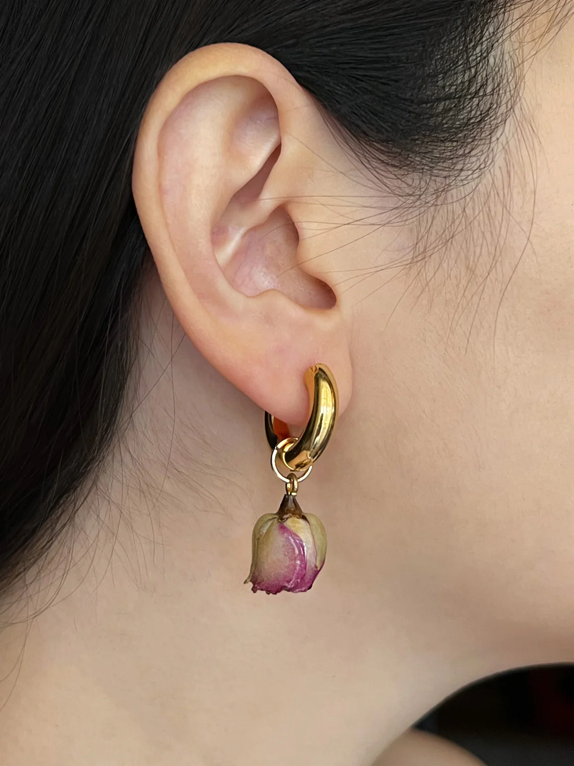 Chunky Gold Hoops - Dried Purple Rose Bud - Image 2