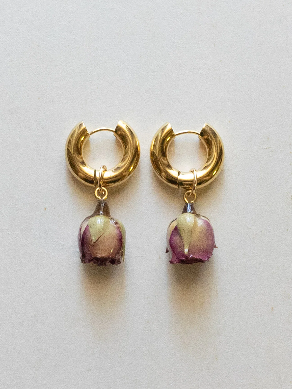 Chunky Gold Hoops - Dried Purple Rose Bud - Image 3