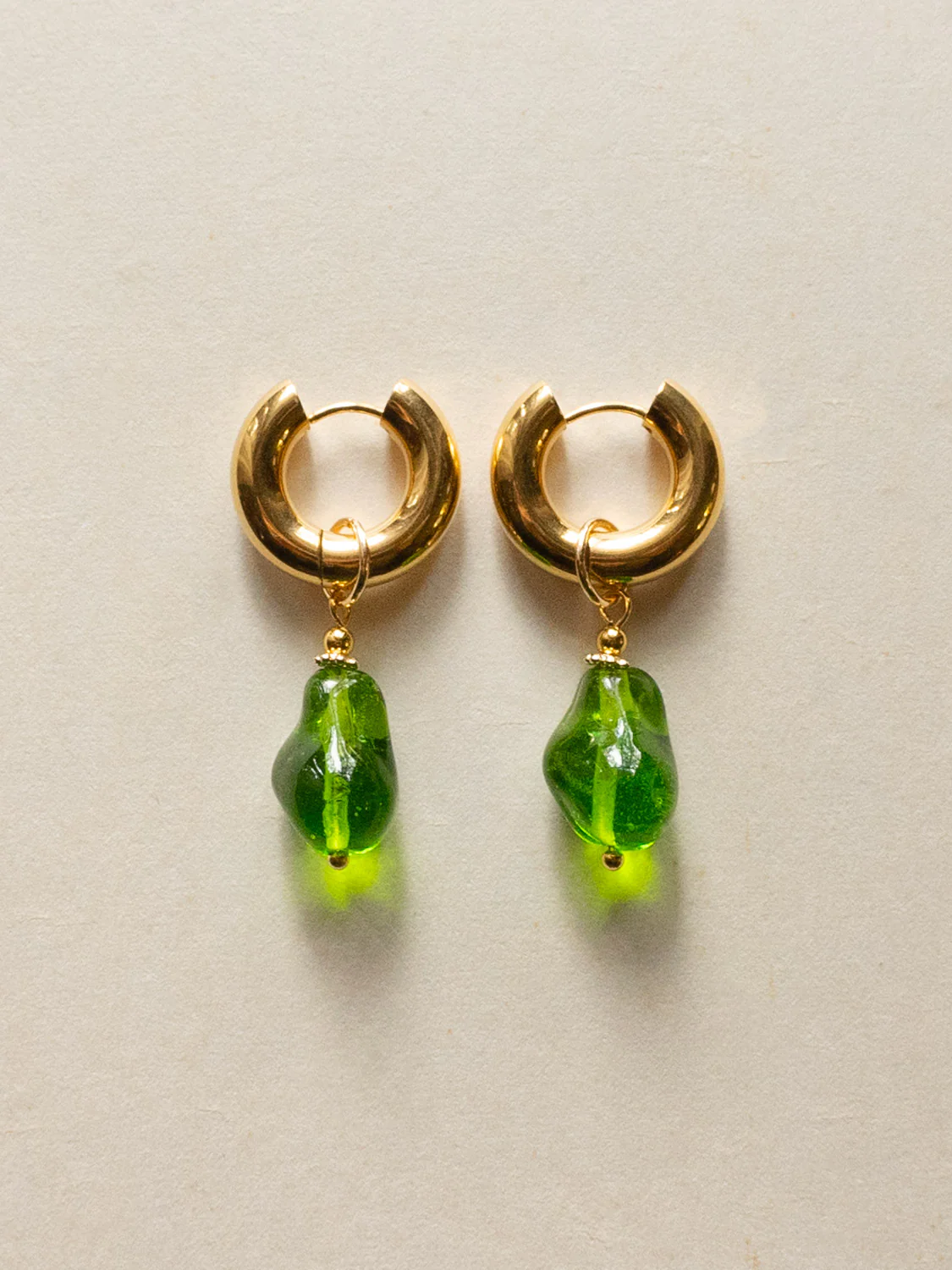 Chunky Gold Hoops - Green Baroque Glass Pearl