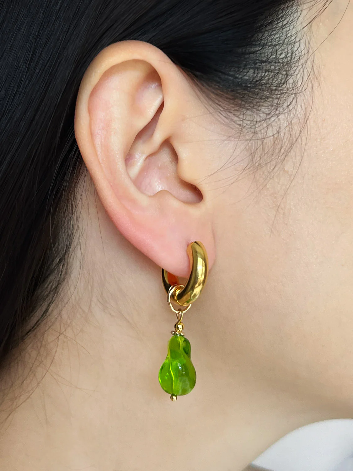 Chunky Gold Hoops - Green Baroque Glass Pearl - Image 3