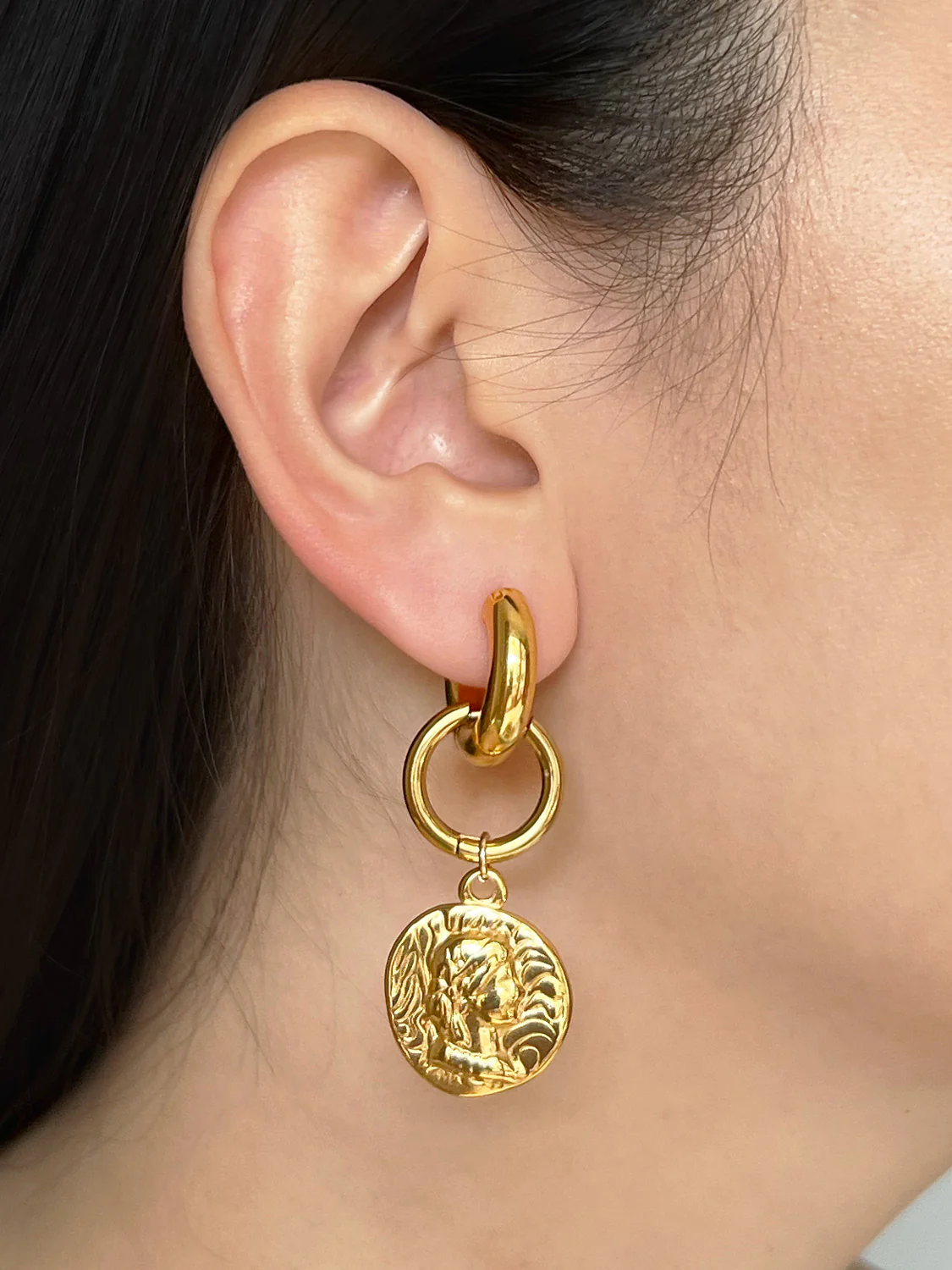 Chunky Gold Hoops - Roman Coin Pendant - Image 3