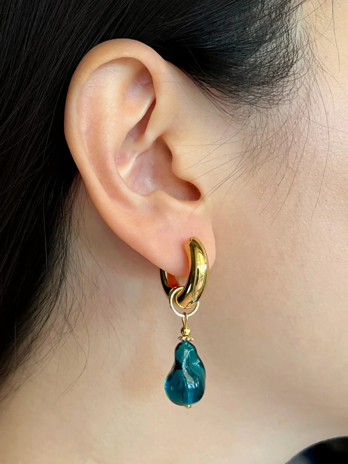 Chunky Gold Hoops - Teal Baroque Glass Pearl - Image 2