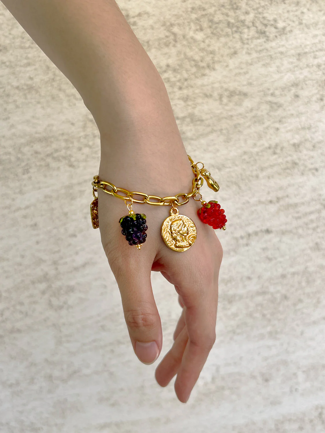Chunky Gold Talisman Bracelet - Roman Coin, Glass Berries - Image 2