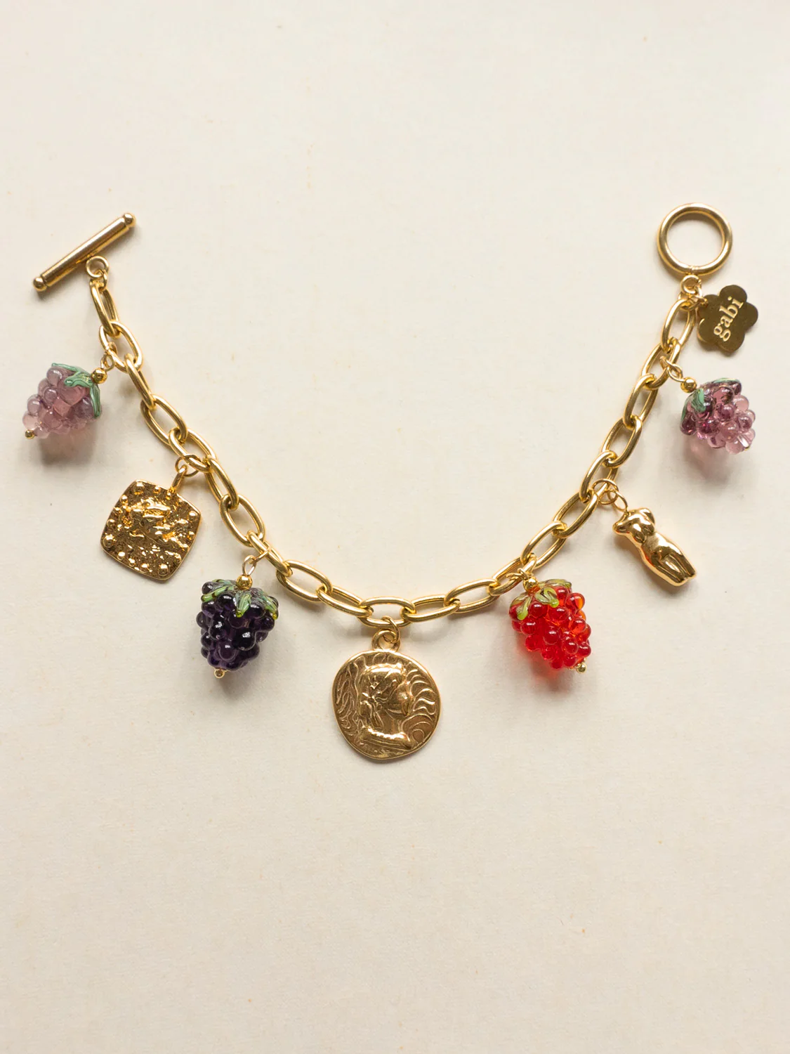 Chunky Gold Talisman Bracelet - Roman Coin, Glass Berries - Image 3