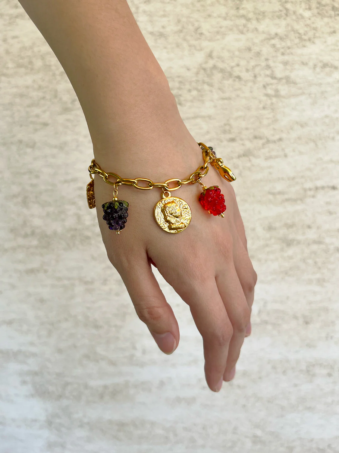 Chunky Gold Talisman Bracelet - Roman Coin, Glass Berries - Image 4