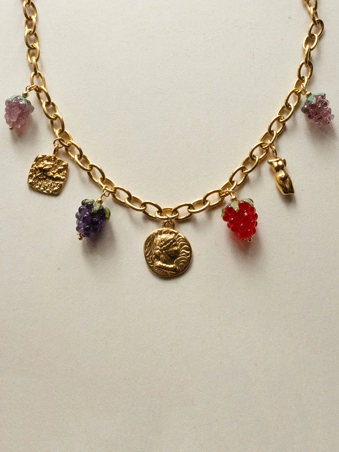 Chunky Gold Talisman Necklace - Roman Coin, Glass Berries - Image 3
