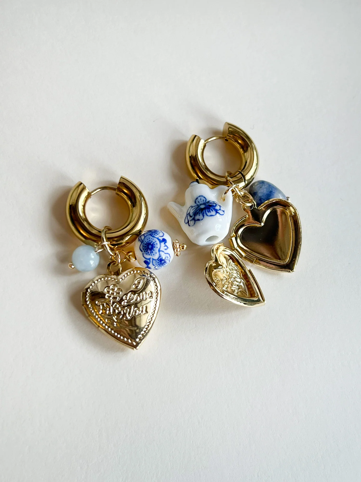 Chunky Heart Locket Hoops - An Eclectic Cup of Tea/Blue Stones - Image 3