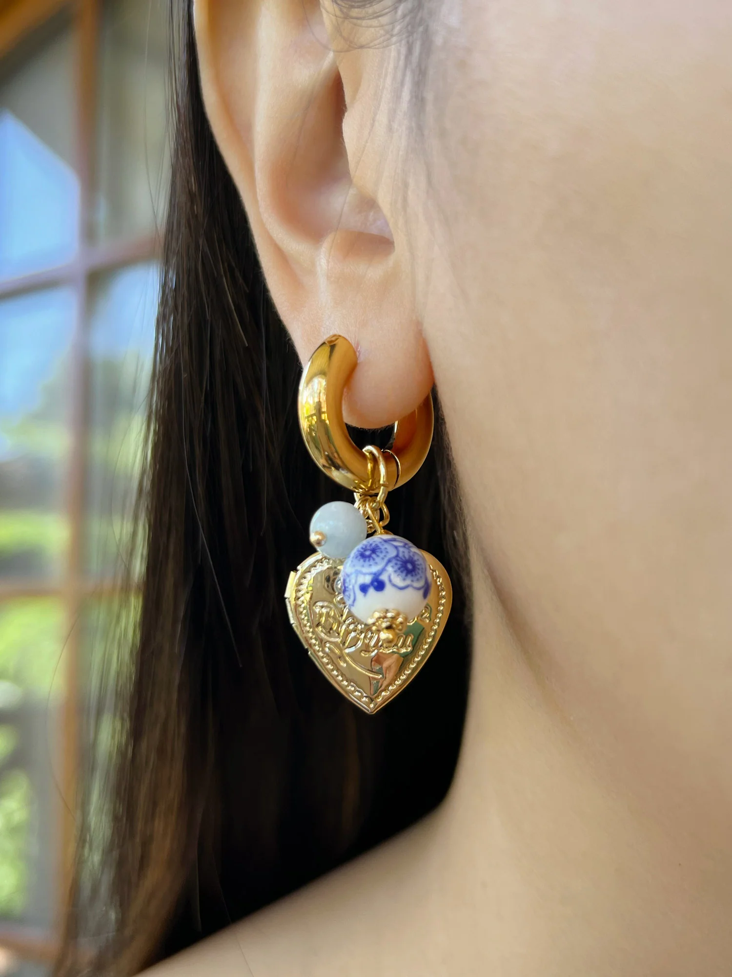 Chunky Heart Locket Hoops - An Eclectic Cup of Tea/Blue Stones - Image 6