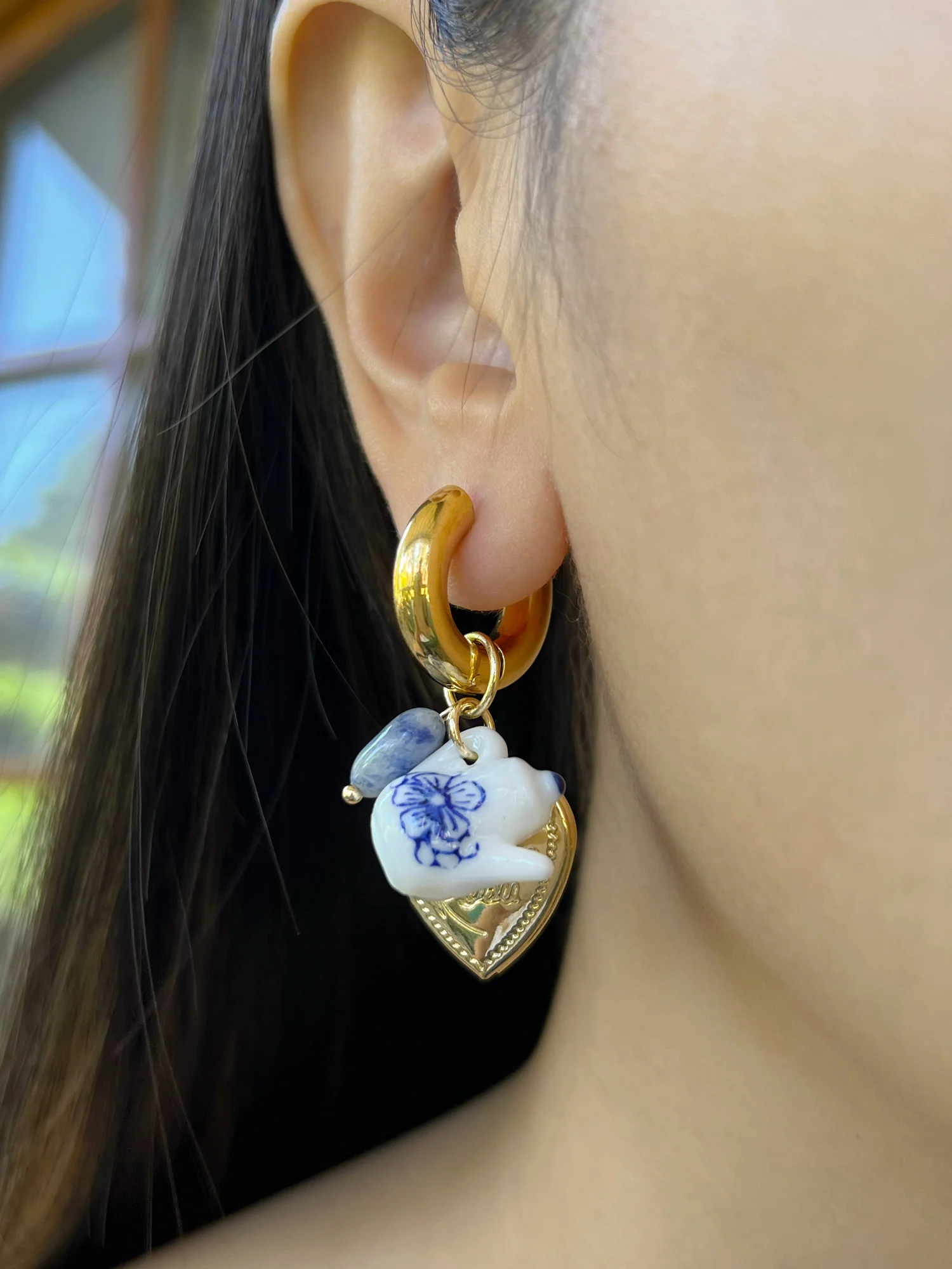 Chunky Heart Locket Hoops - An Eclectic Cup of Tea/Blue Stones - Image 7