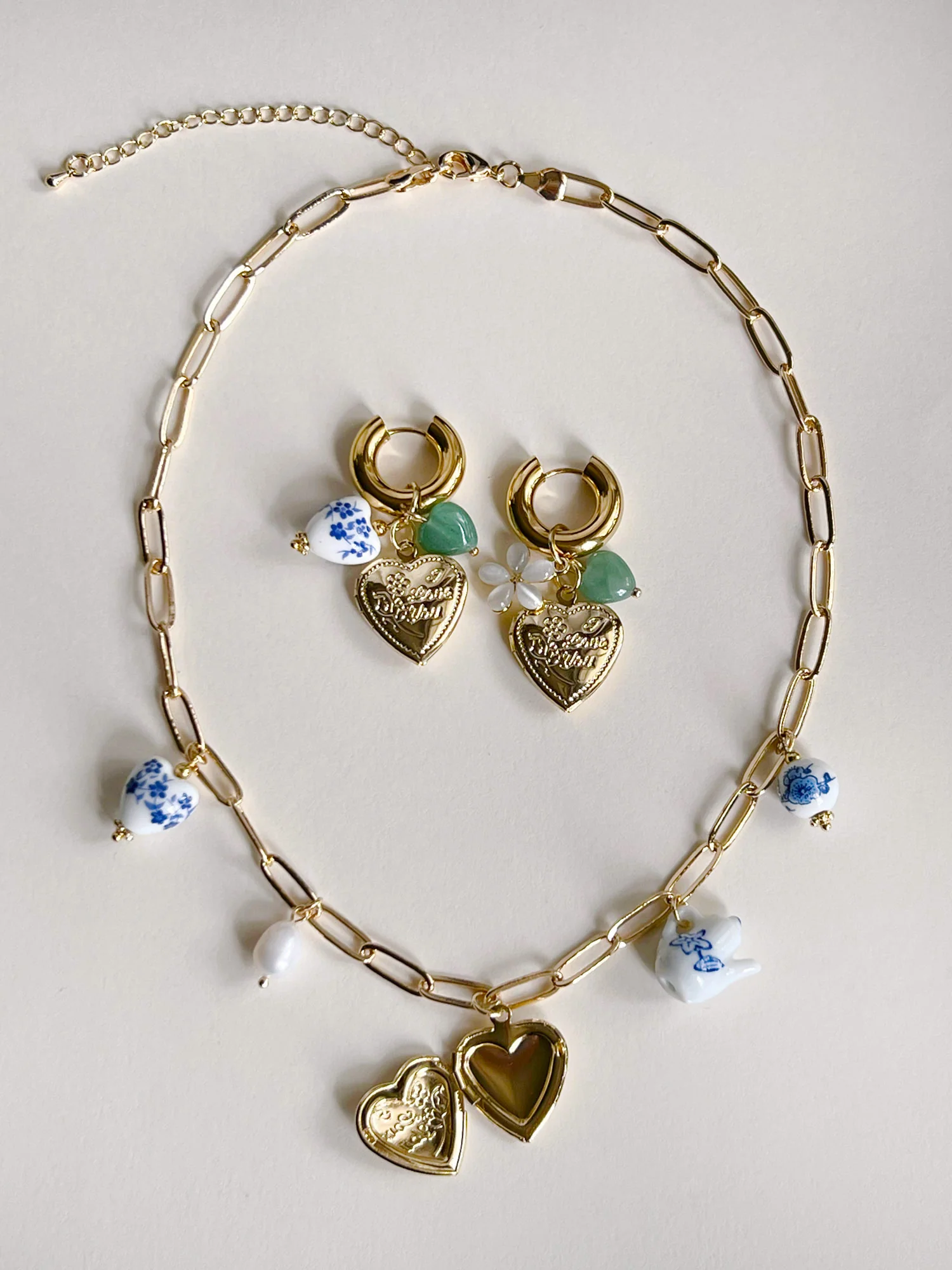 Chunky Heart Locket Hoops - Blue Ceramic Heart/Green Stones - Image 3