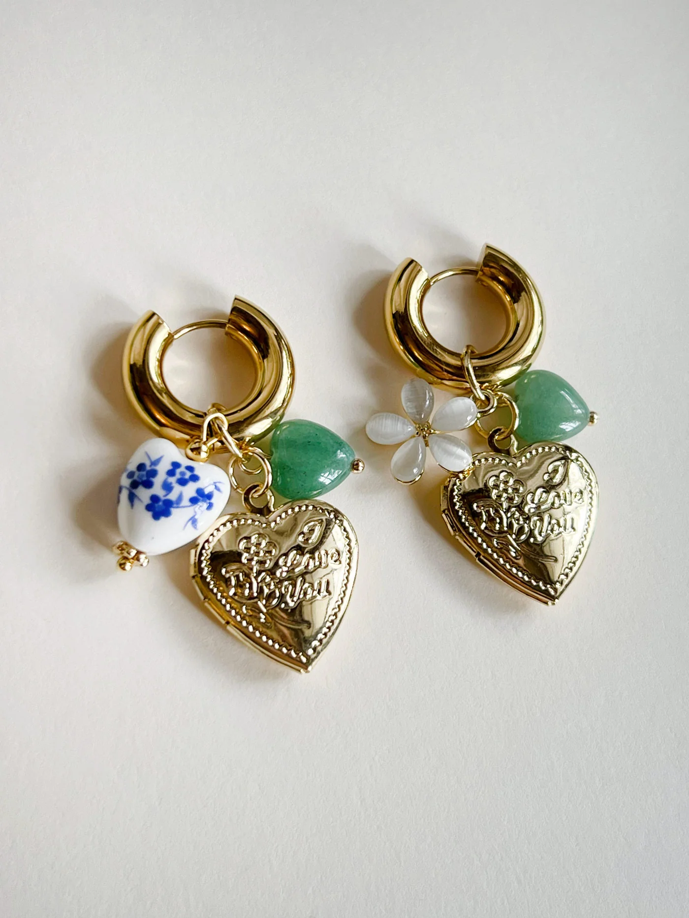 Chunky Heart Locket Hoops - Blue Ceramic Heart/Green Stones - Image 6
