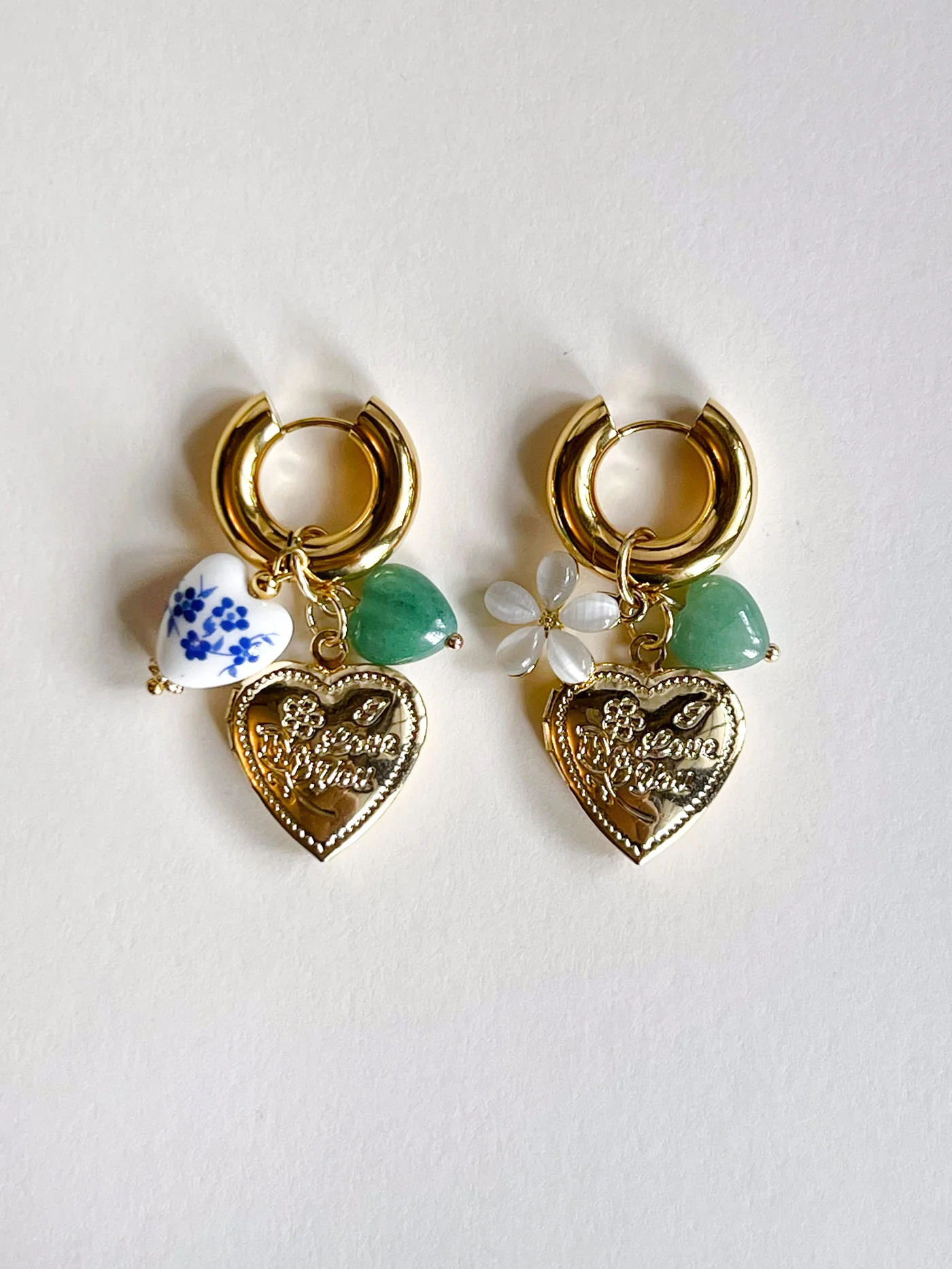 Chunky Heart Locket Hoops - Blue Ceramic Heart/Green Stones - Image 7