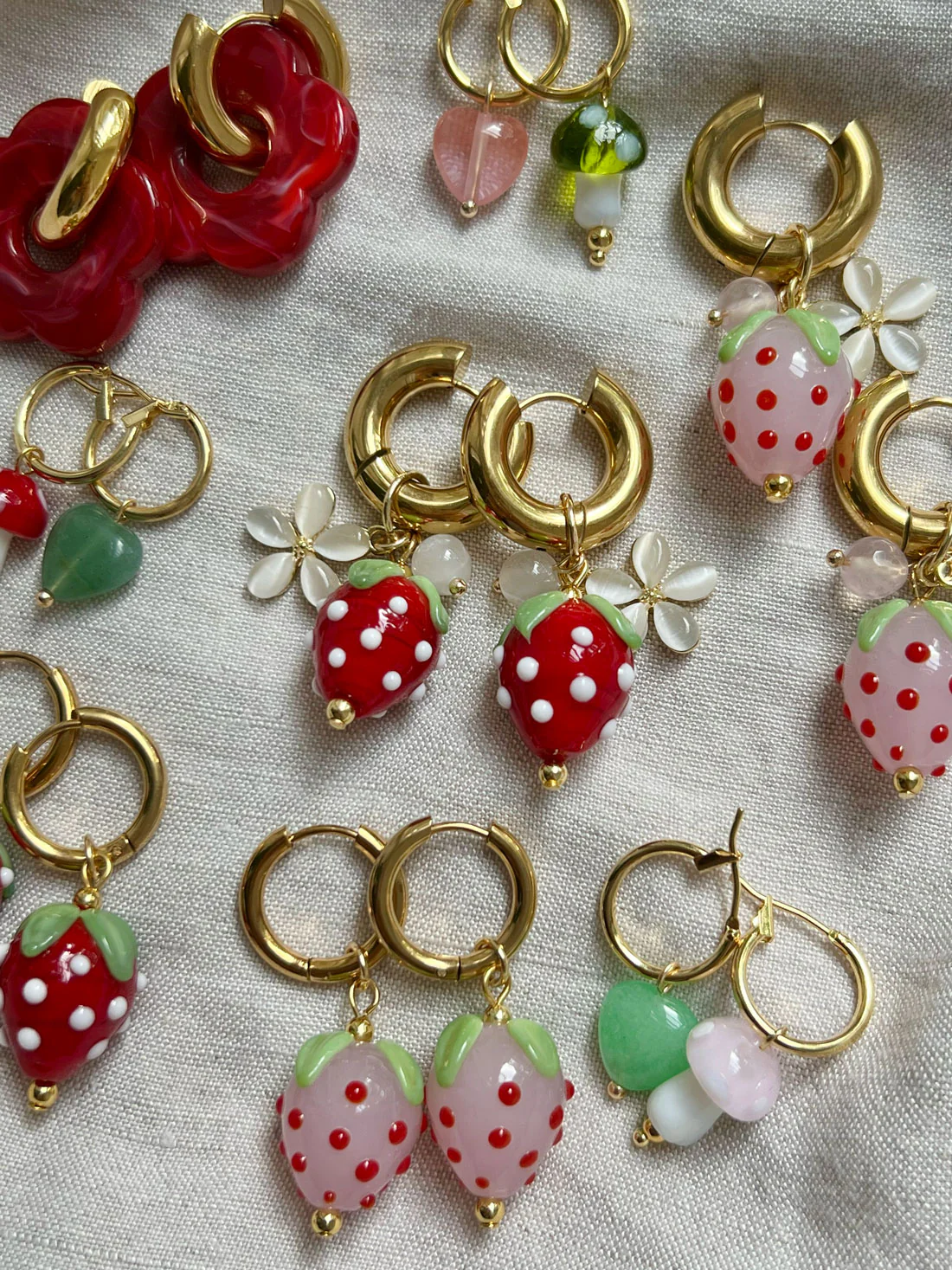 Chunky Strawberry Hoops with Assorted Charms - Red - Image 6