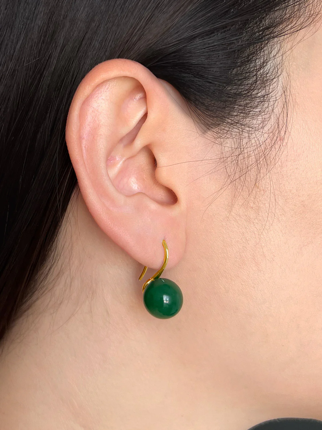 Classic Jade Earrings, S925 - Gold, Dark Green - Image 2