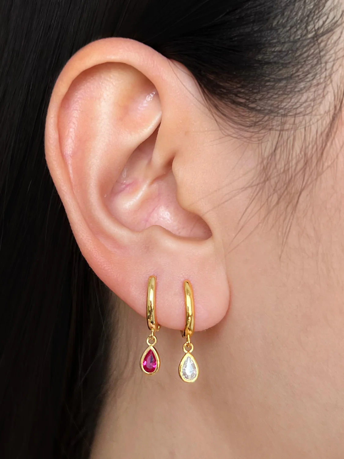 Classic Teardrop Huggies, S925 - Magenta, Gold - Image 2