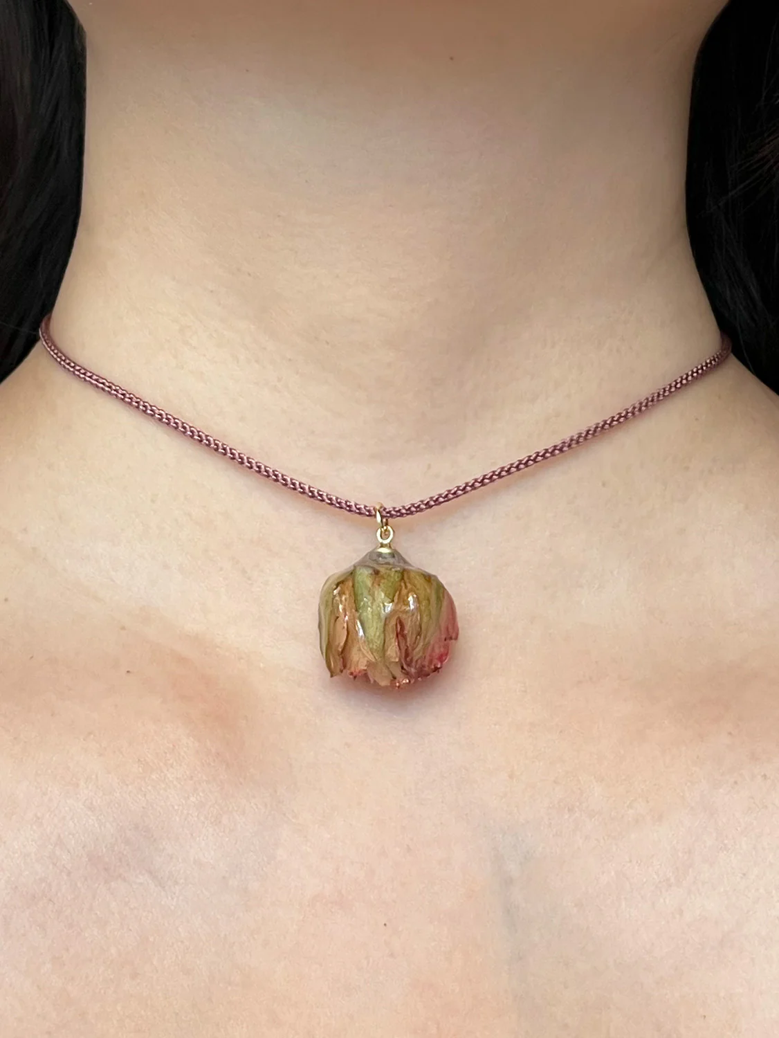 Cord Necklace, Dusty Pink - Jumbo Dried Pink Rose Bud - Image 2