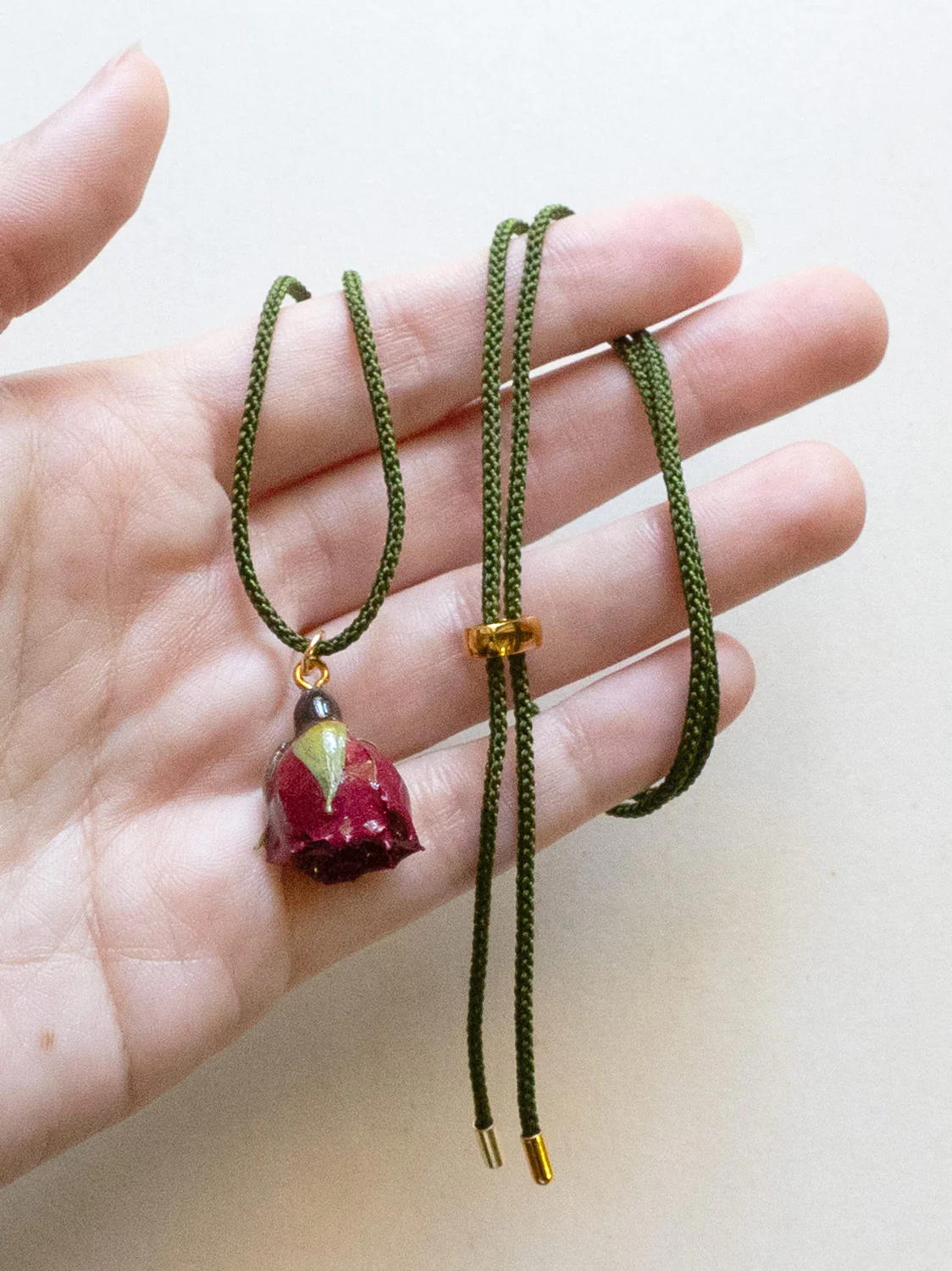 Cord Necklace, Forest Green - Dried Blood Red Rose Bud - Image 2
