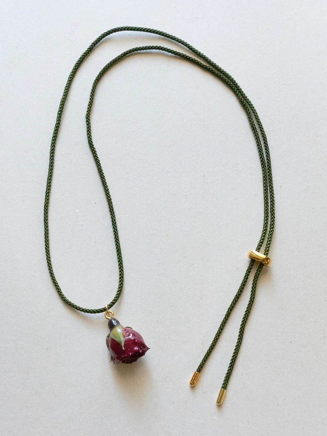 Cord Necklace, Forest Green - Dried Blood Red Rose Bud - Image 3