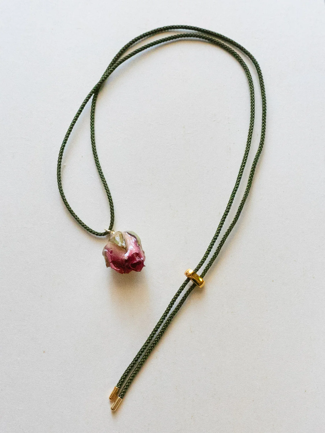 Cord Necklace, Forest Green - Jumbo Dried Magenta Pink Rose Bud - Image 2