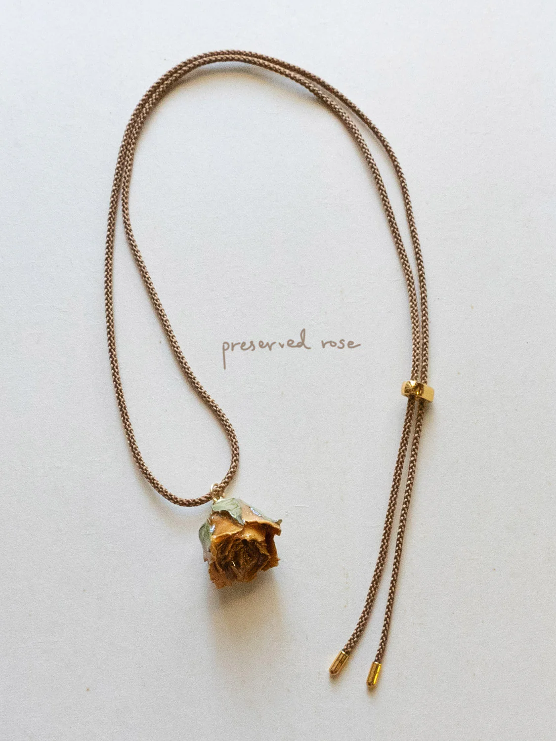 Cord Necklace, Latte Brown - Jumbo Dried Yellow Rose Bud - Image 2