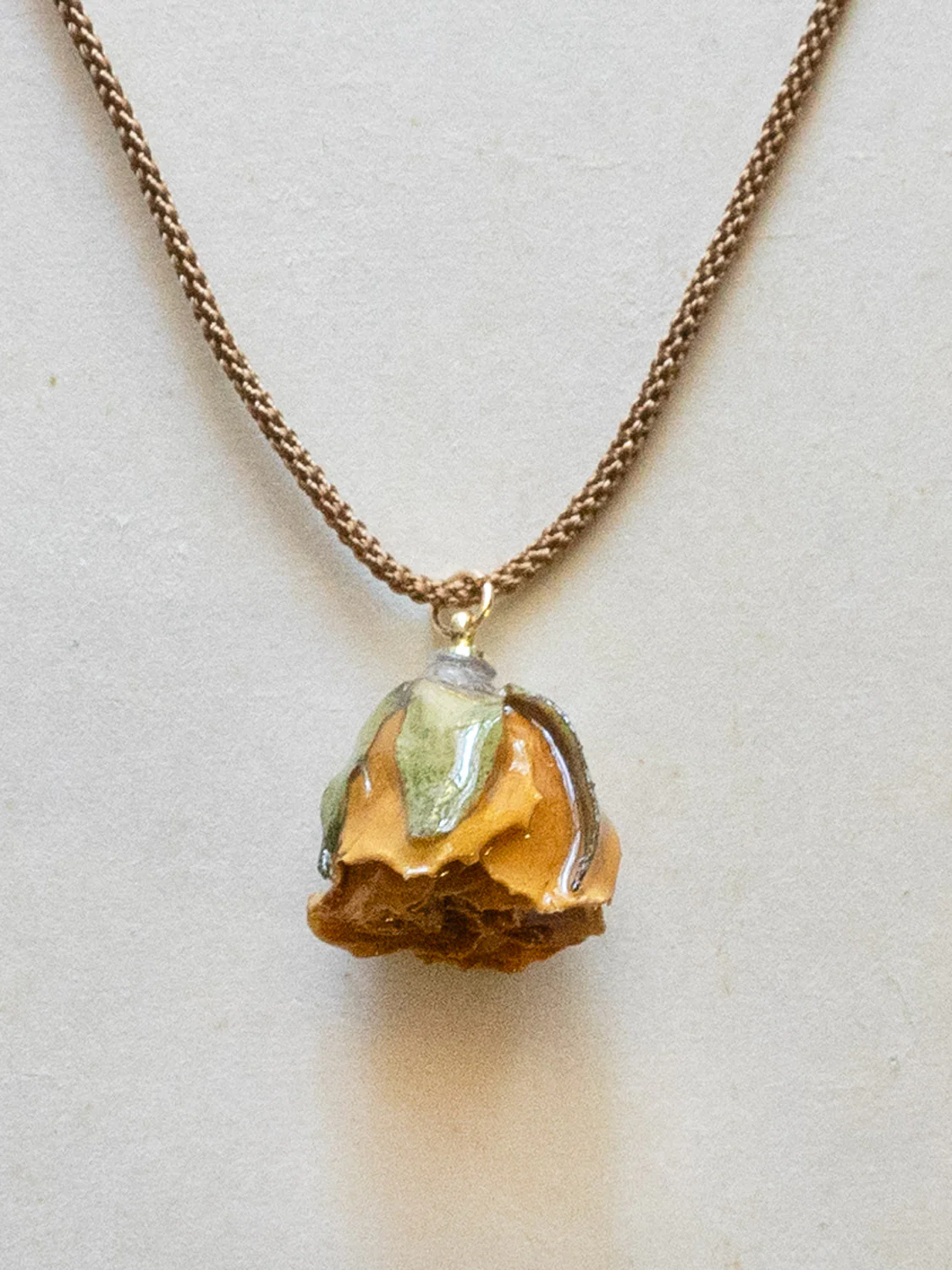 Cord Necklace, Latte Brown - Jumbo Dried Yellow Rose Bud - Image 3
