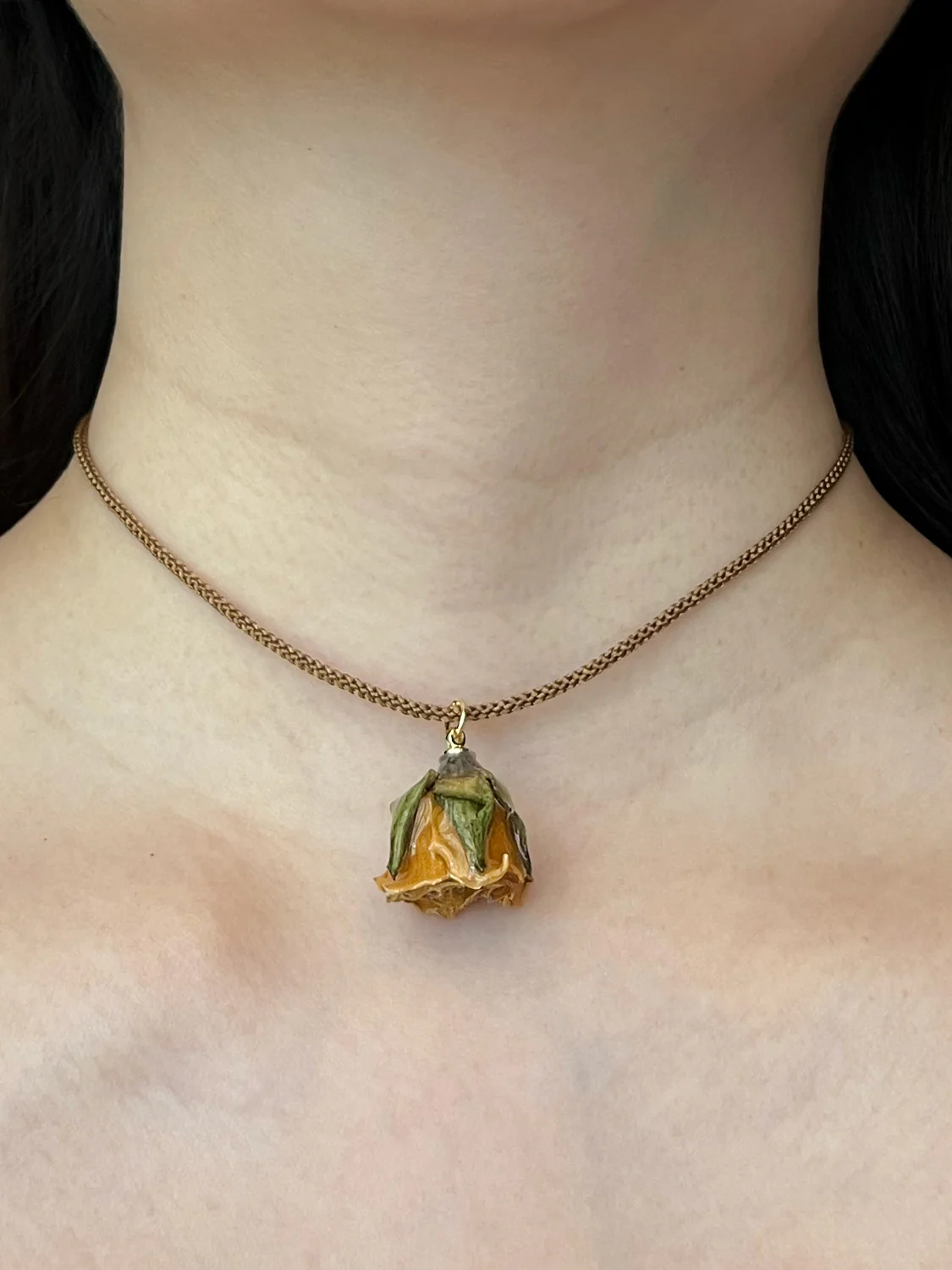Cord Necklace, Latte Brown - Jumbo Dried Yellow Rose Bud - Image 4