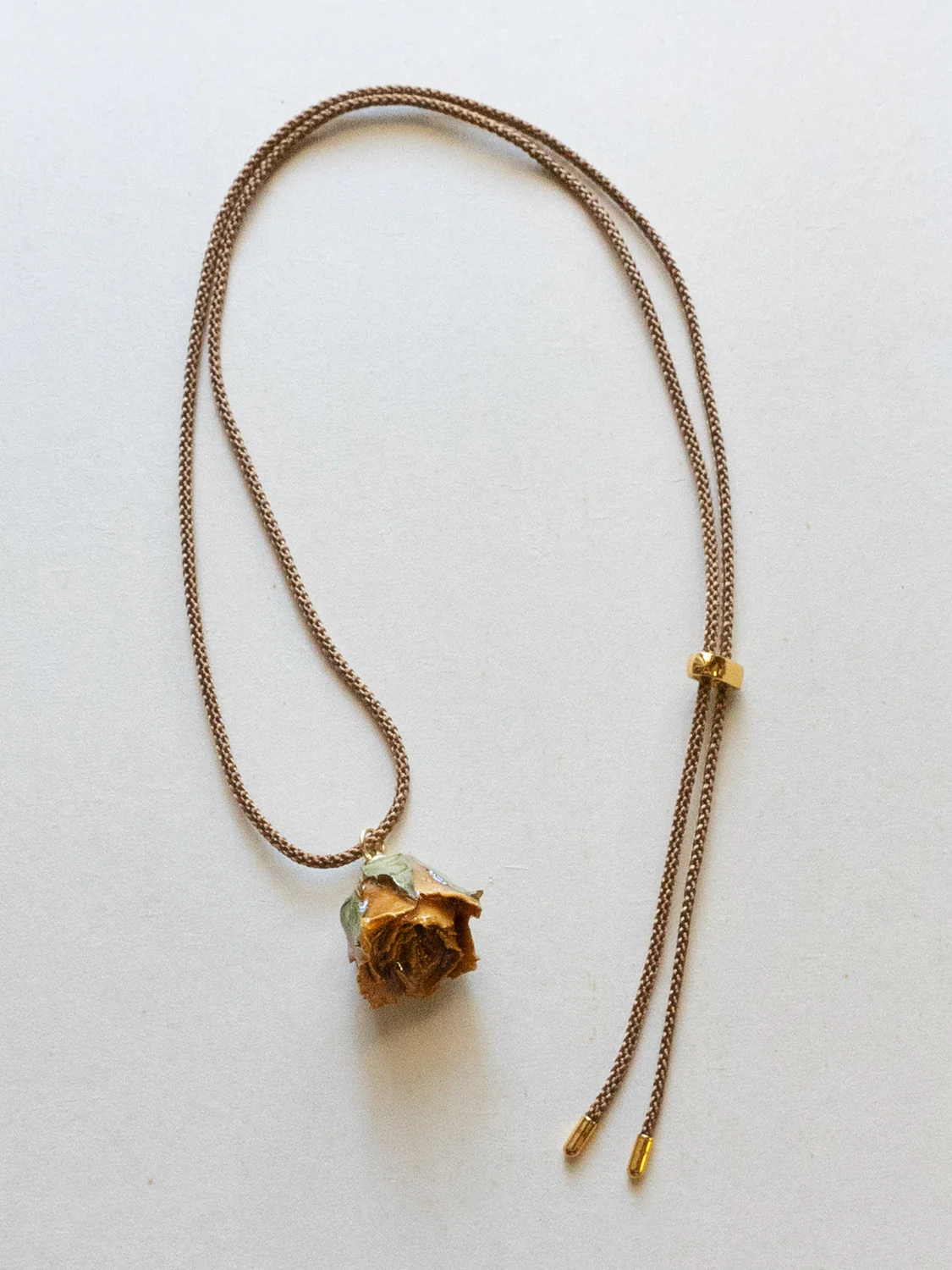 Cord Necklace, Latte Brown - Jumbo Dried Yellow Rose Bud - Image 5