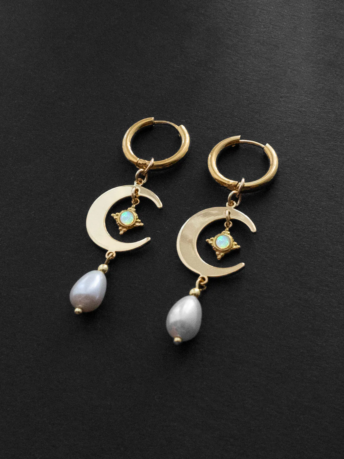Crescent Moon Earrings - Opal Charms, Teardrop Glass Pearls - Image 2