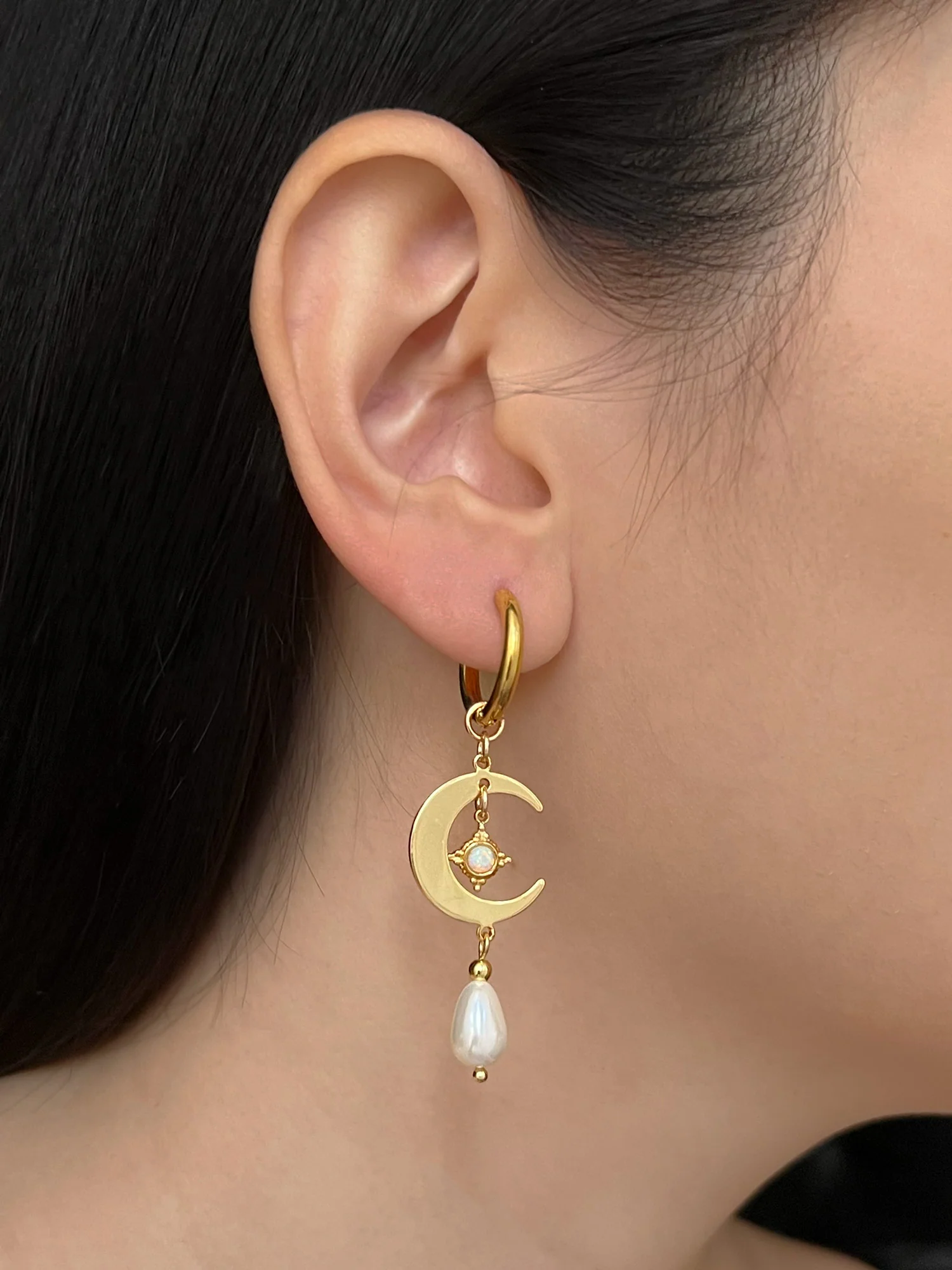 Crescent Moon Earrings - Opal Charms, Teardrop Glass Pearls - Image 3