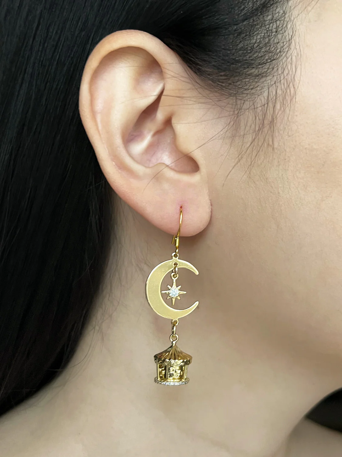 Crescent Moon Mismatched Carnival Earrings - Carousel, Elephant Charms - Image 2