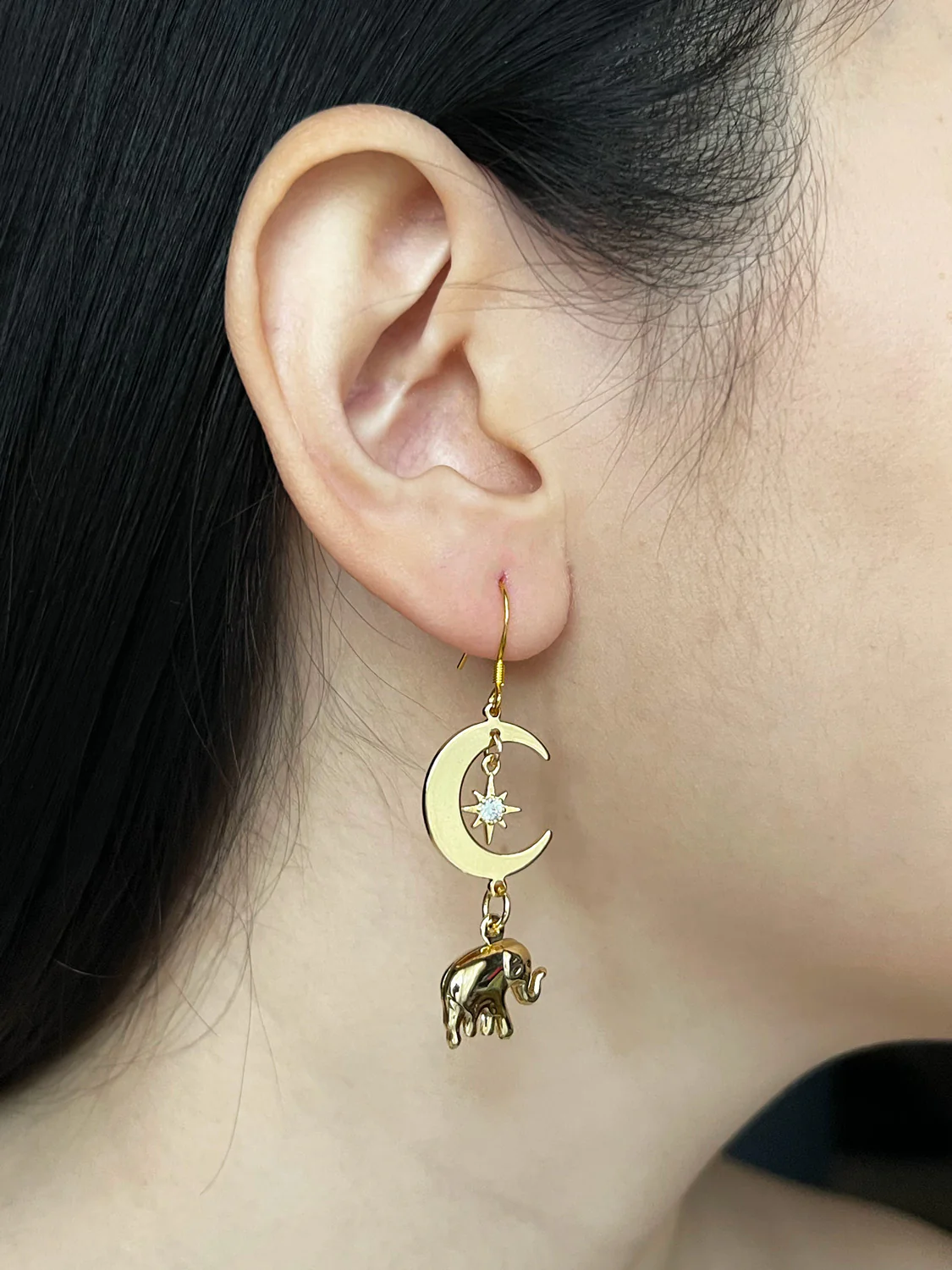 Crescent Moon Mismatched Carnival Earrings - Carousel, Elephant Charms - Image 3