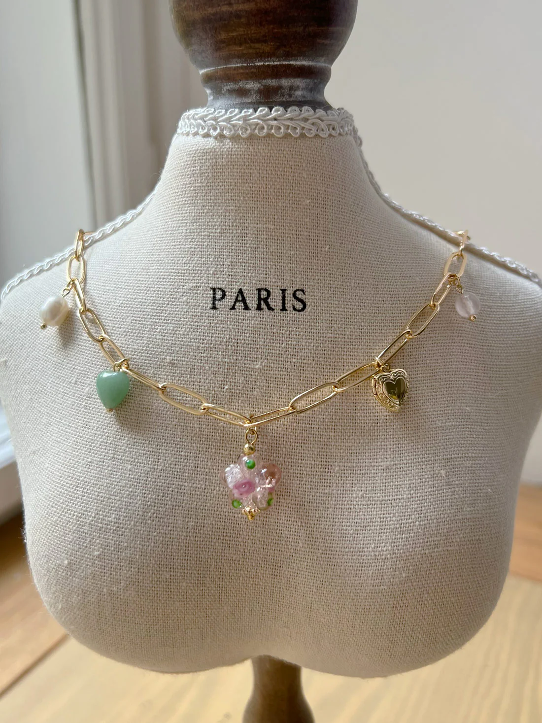 Pink Glass Flower Charm Necklace - Locket/Crystals - Image 5