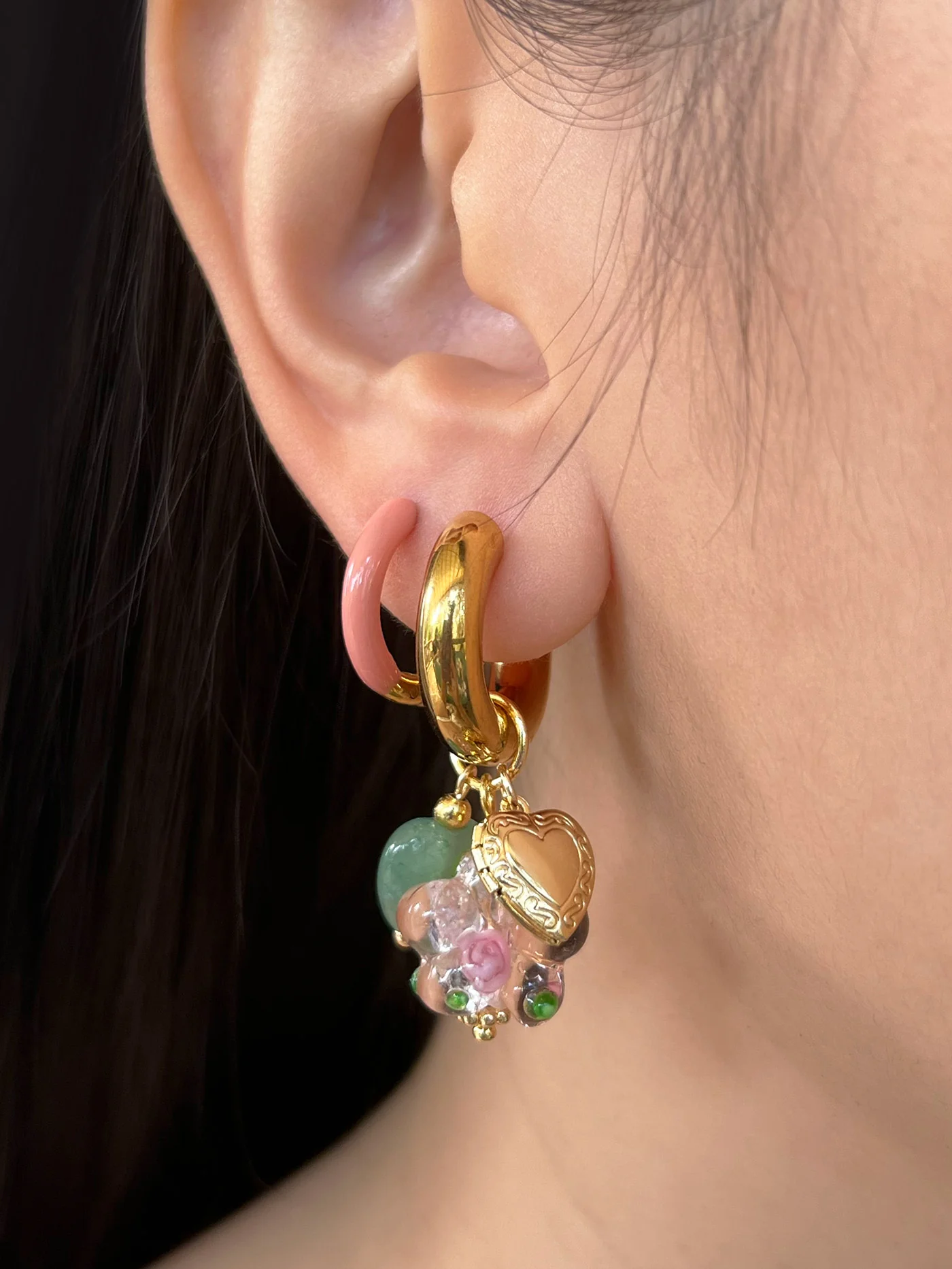 Pink Glass Flower Chunky Hoops - Heart Locket/Green Aventurine - Image 2