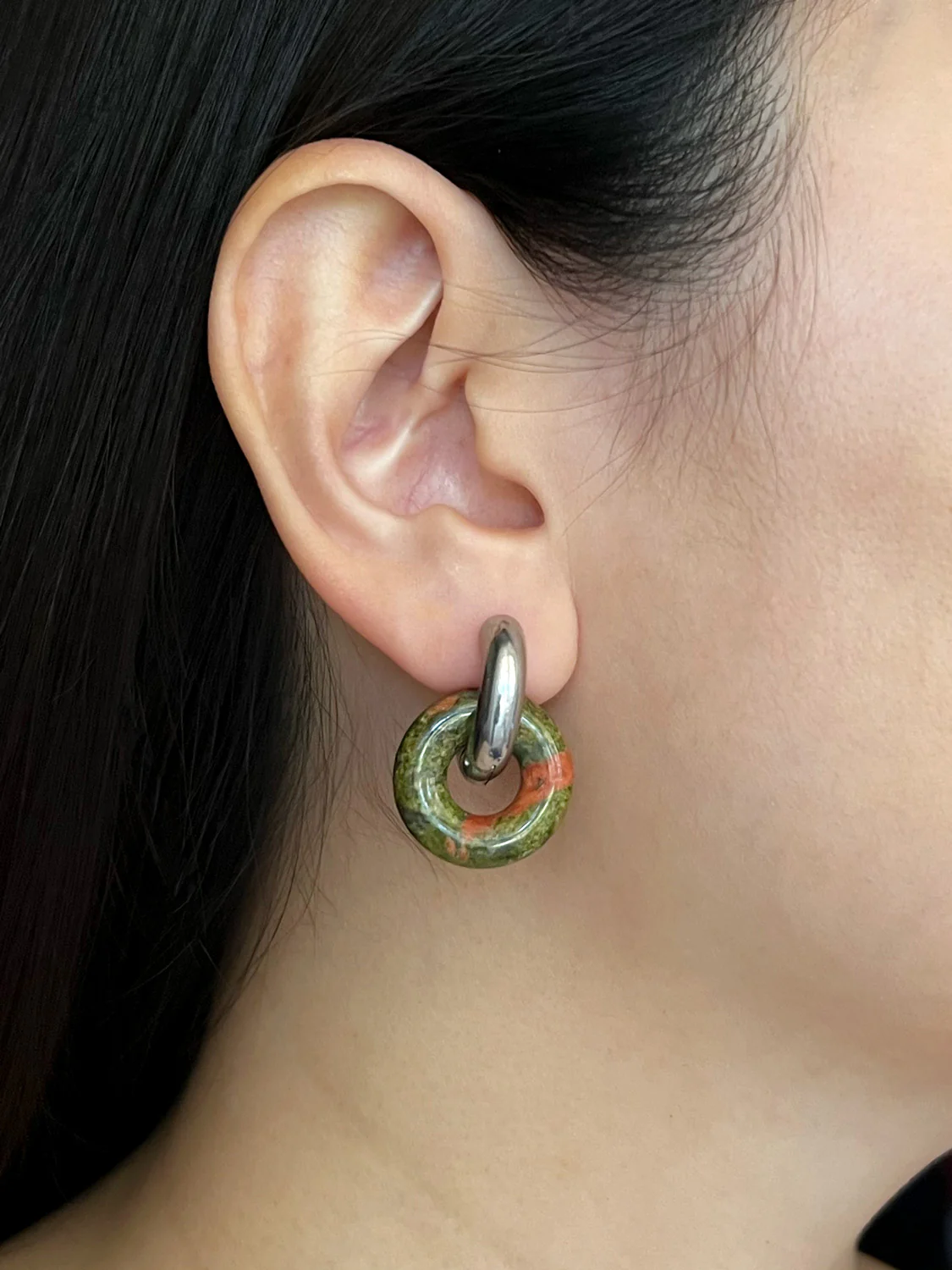 Donut Hoops, Silver - Unakite - Image 2