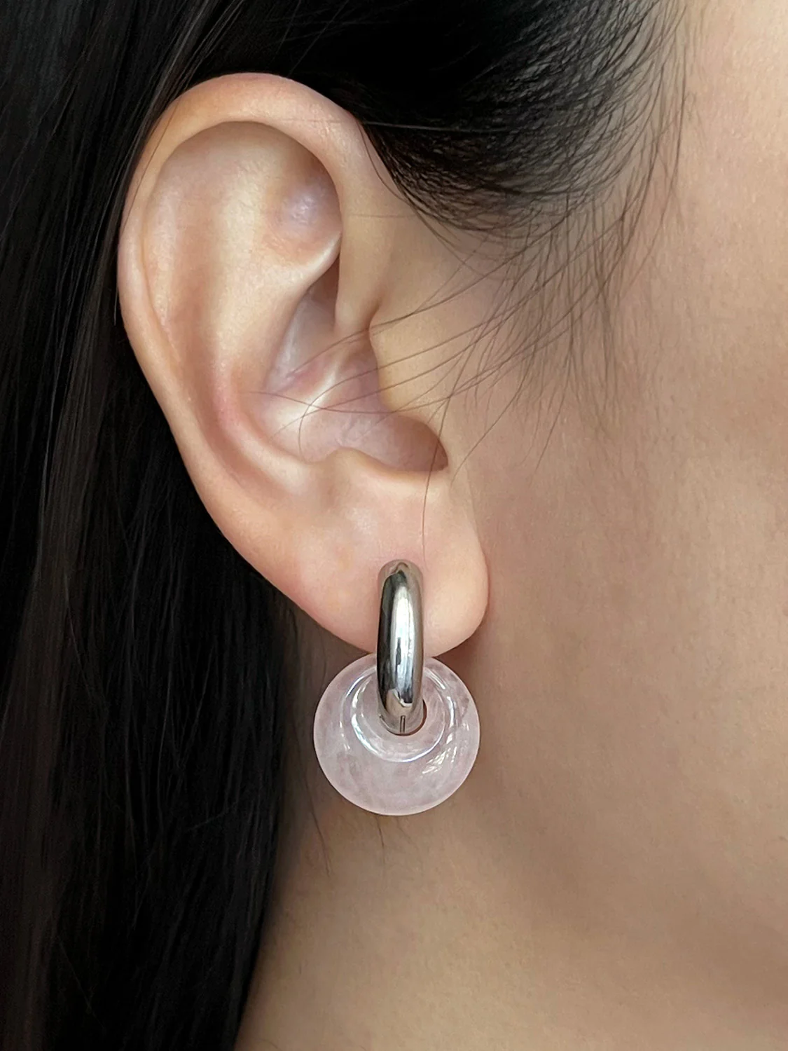 Donut Hoops, Silver V2 - Rose Quartz - Image 2