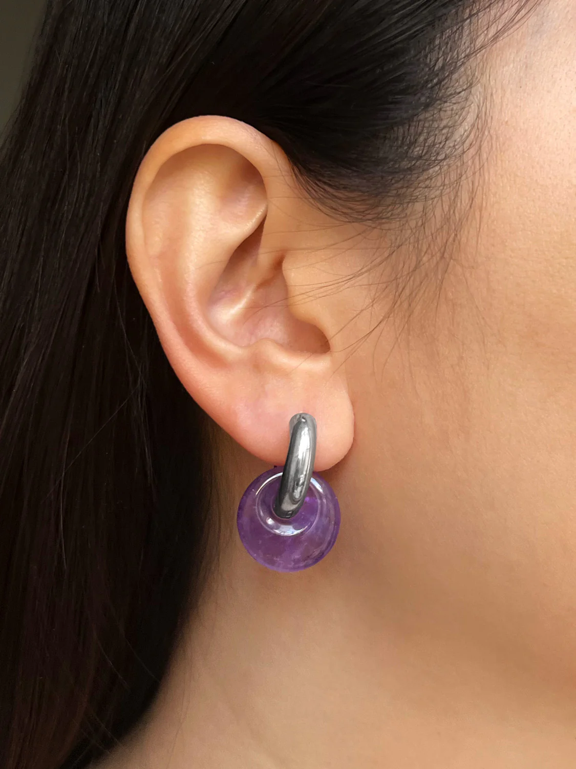 Donut Hoops V2, Silver - Amethyst - Image 2