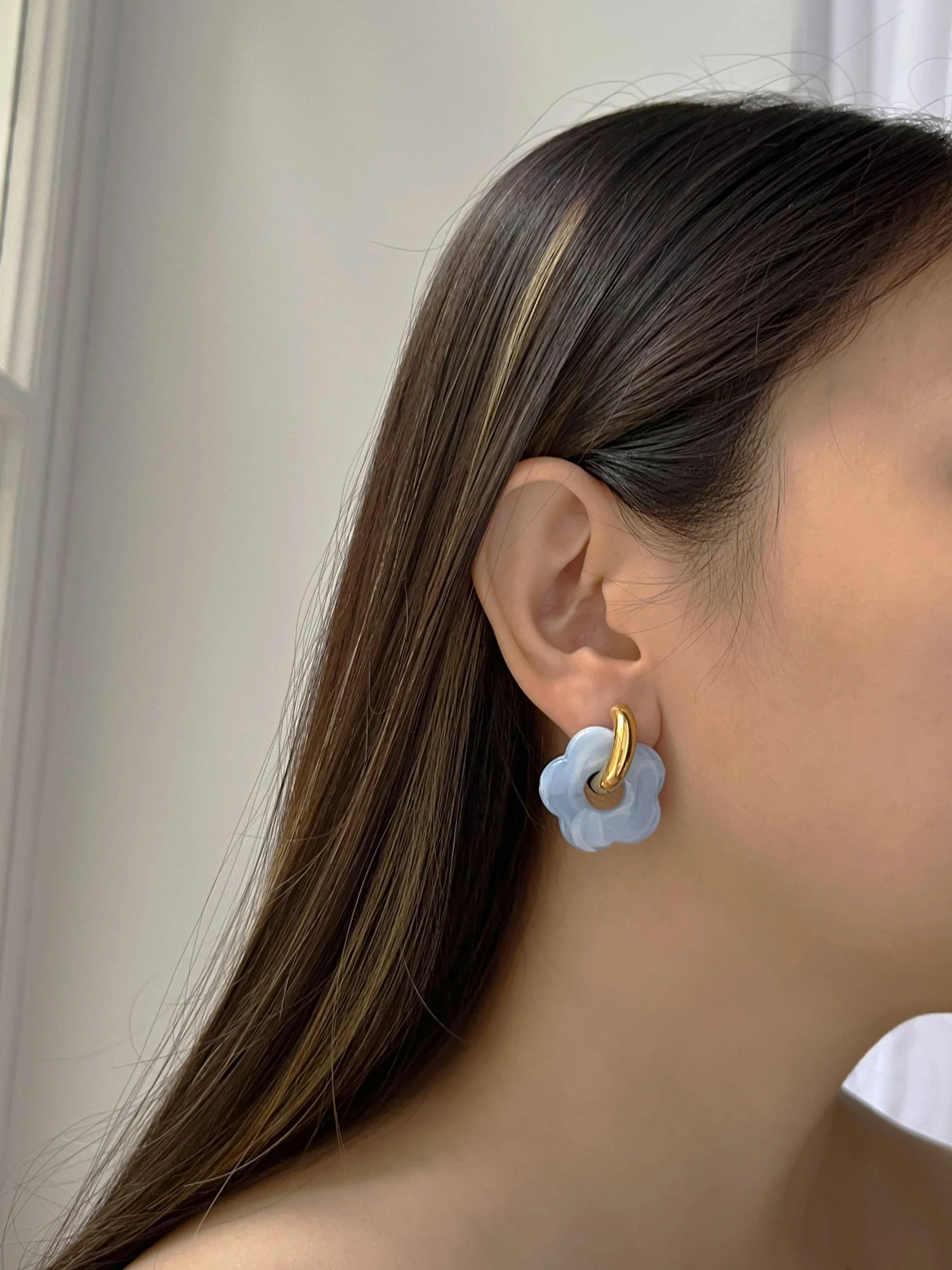 Donut Hoops with Flower Charm - Blue - Image 6