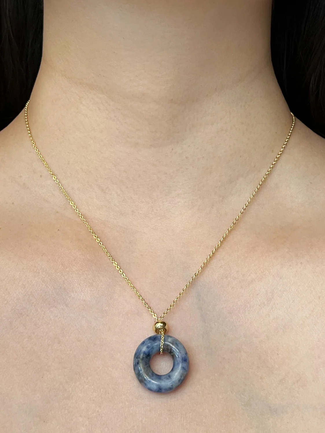 Donut Stone Necklace, Gold - Blue Stone - Image 2