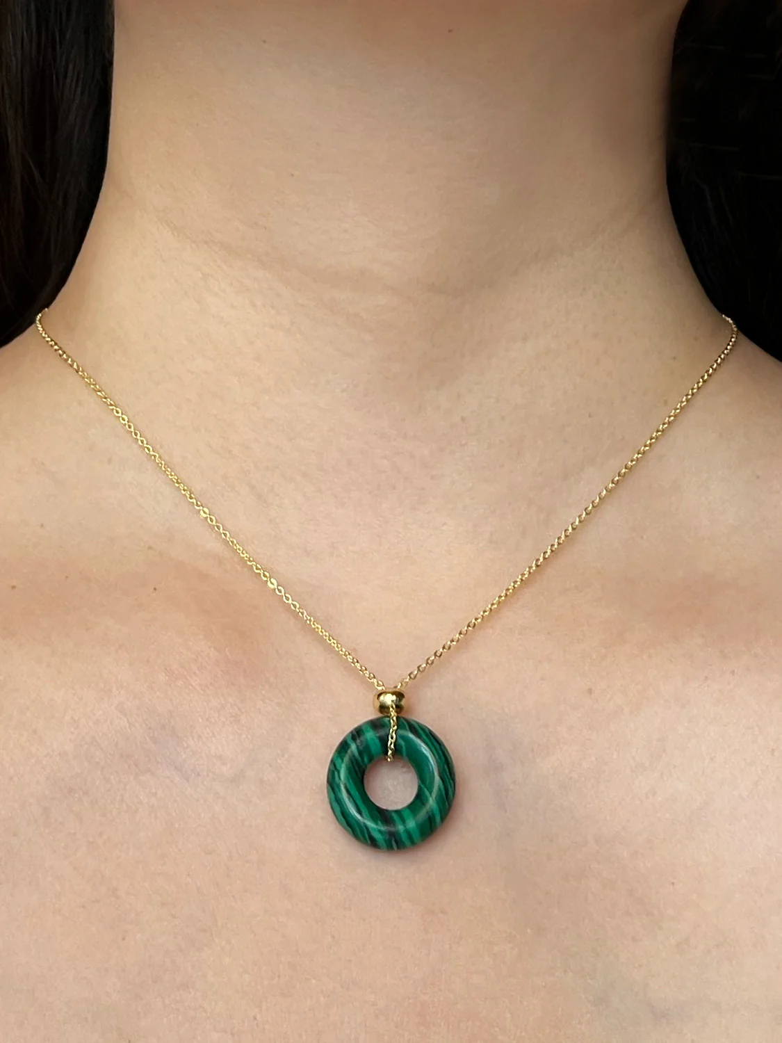 Donut Stone Necklace, Gold - Green Malachite - Image 2