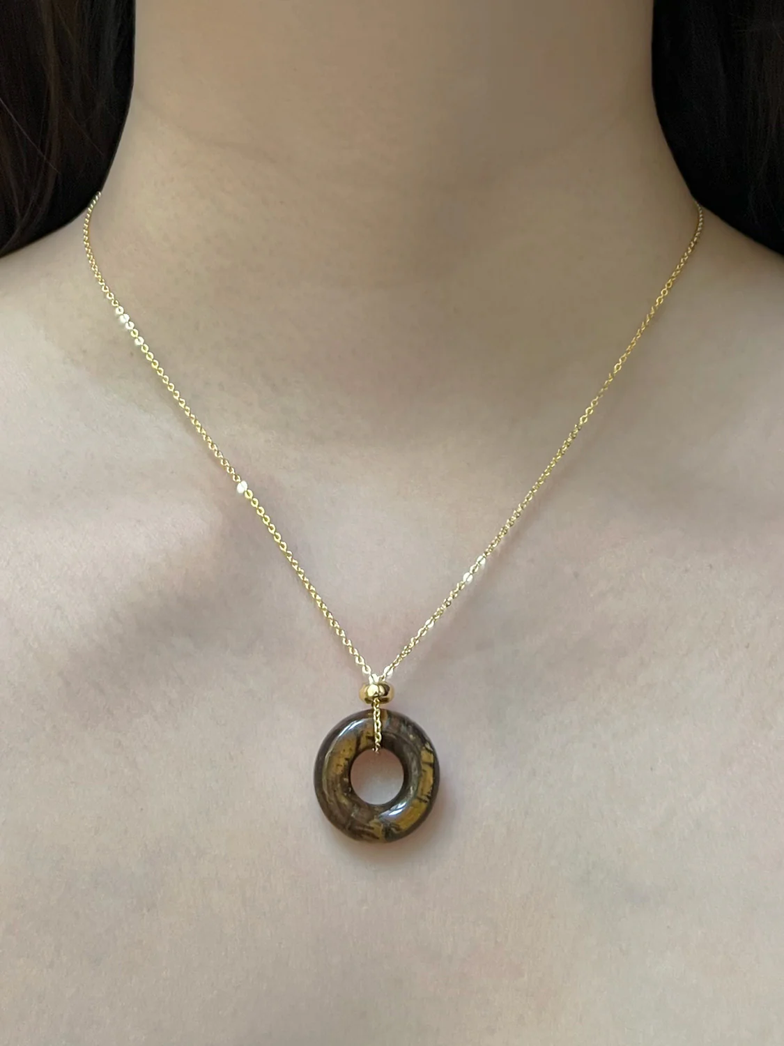 Donut Stone Necklace, Gold - Tiger Eye - Image 3