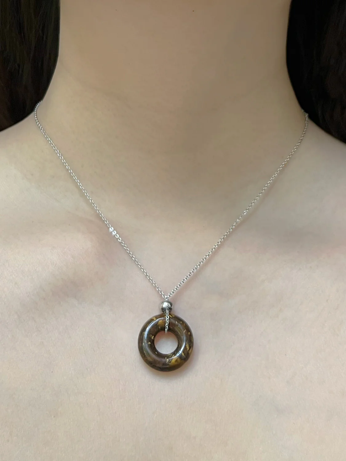 Donut Stone Necklace, Silver - Tiger Eye - Image 3